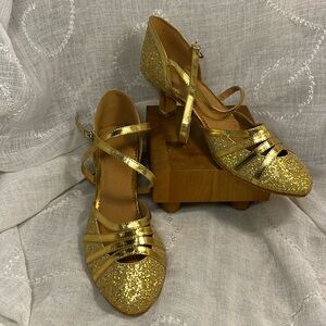 NWOT Handmade leather sole X strap golden glitter heels